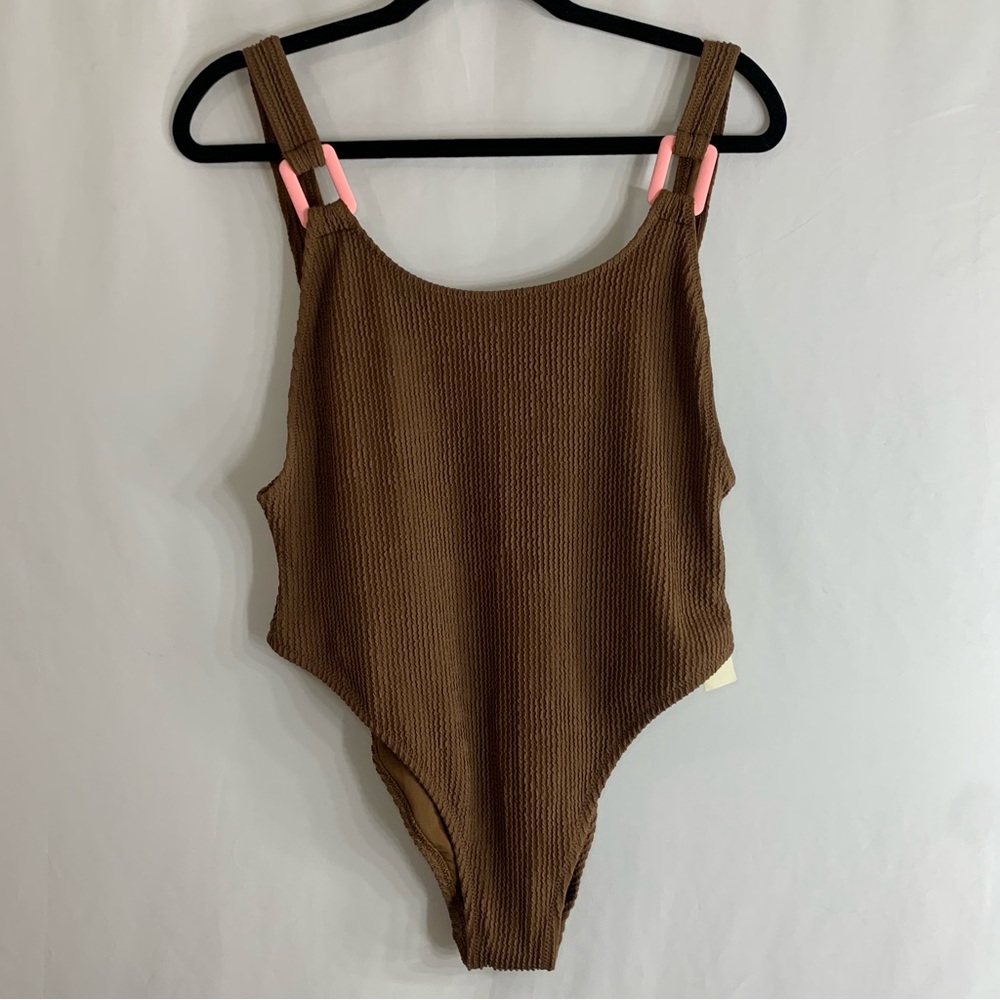 NEW Aerie Crinkle Birthday Scoop Cheekiest One Piece Brown Swimsuit, size L
